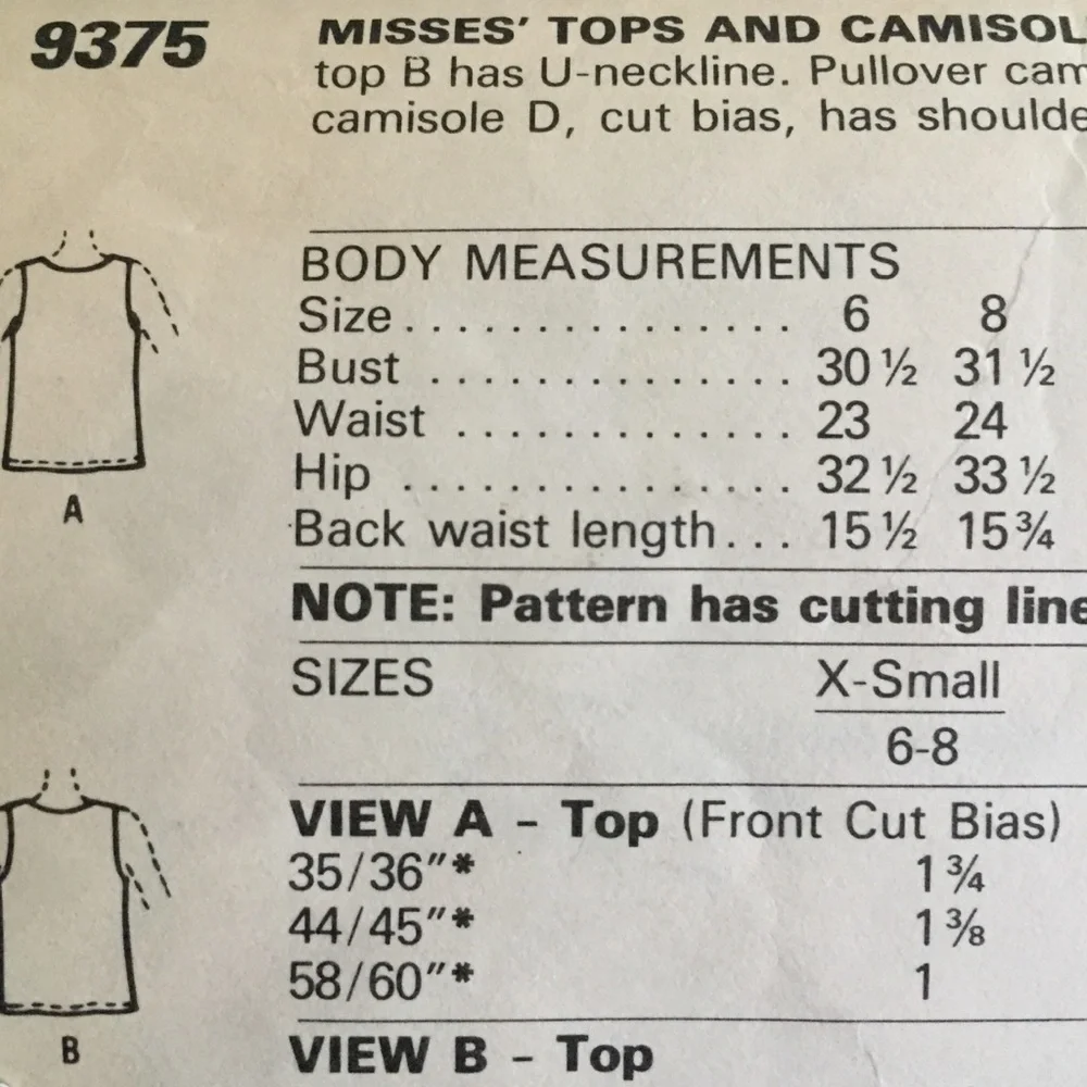 Vintage Brooke Shields Tops & Camisoles Sewing Pattern McCall’s 9375 XS